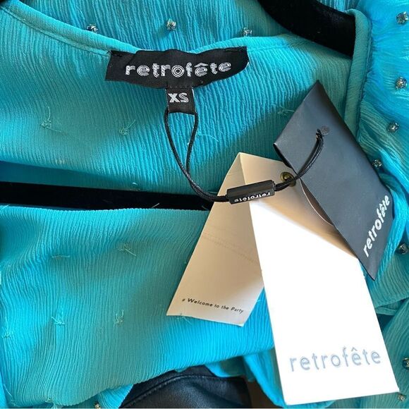 Retrofete Lennon Dress embellished smocked mini chiffon rhinestone acqua blue M - Picture 13 of 15